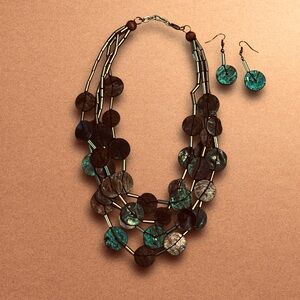 Handmade Wood Resin Statement Necklace & Earring Set | Earthy Boho Layered Look
